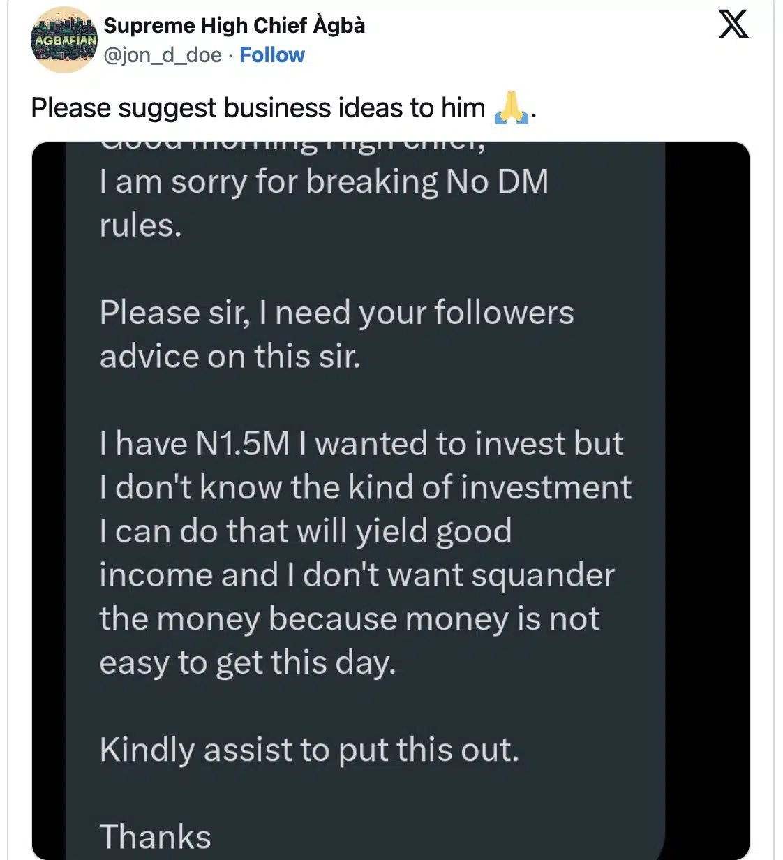 Nigerian man with N1.5M seeks advice on profitable business ideas to invest on